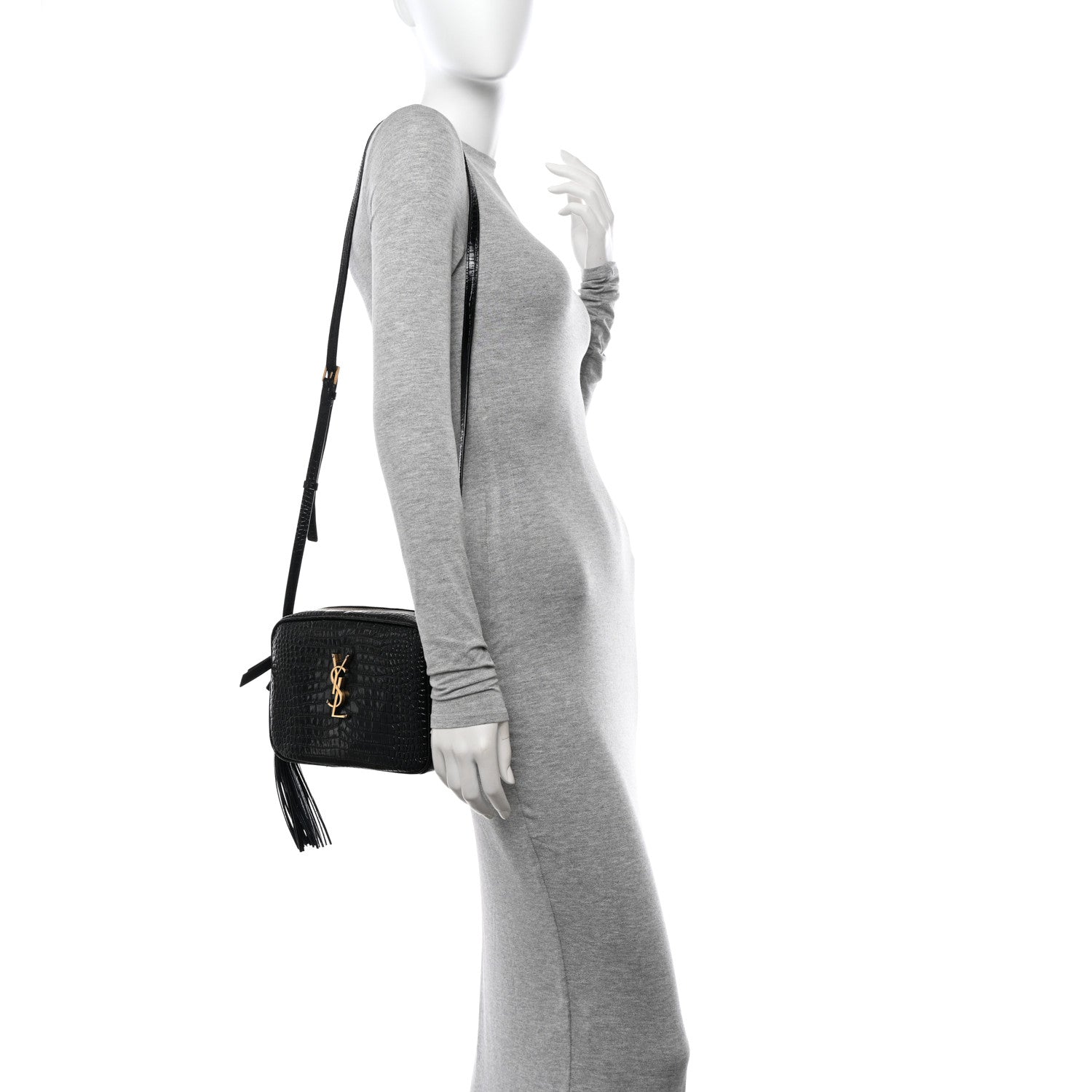 Saint Laurent Patent Calfskin Crocodile Embossed Monogram Lou Camera Bag Black 2 of 12