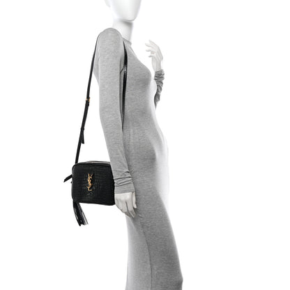 Saint Laurent Patent Calfskin Crocodile Embossed Monogram Lou Camera Bag Black 2 of 12