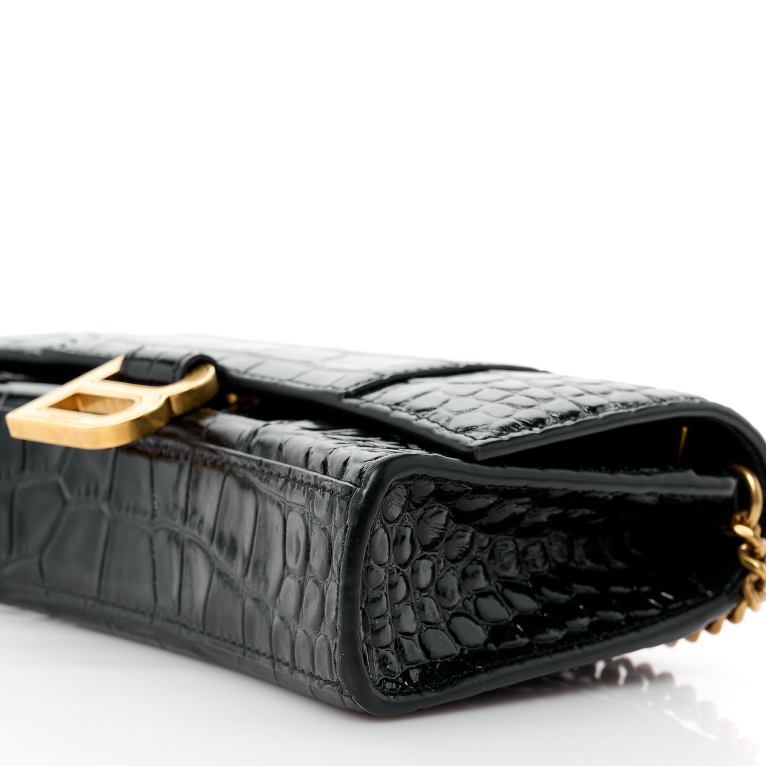 Balenciaga Shiny Calfskin Crocodile Embossed Hourglass Chain Bag Black 10 of 11