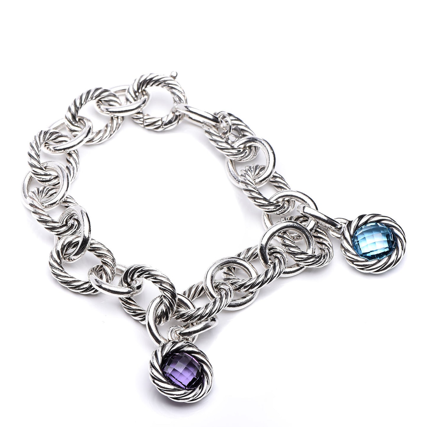 Sterling Silver Amethyst Blue Topaz Oval Link Charm Bracelet