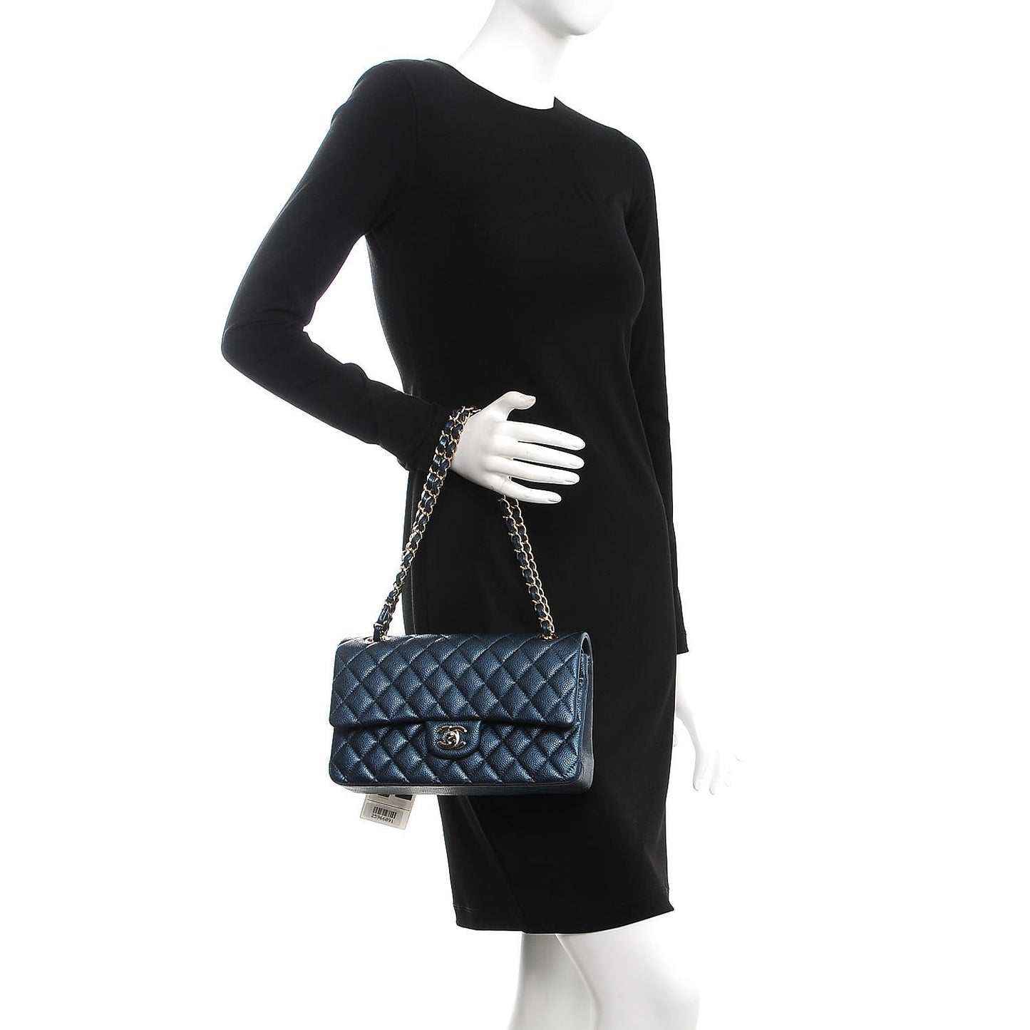 Metallic Caviar Quilted Medium Double Flap Dark Blue