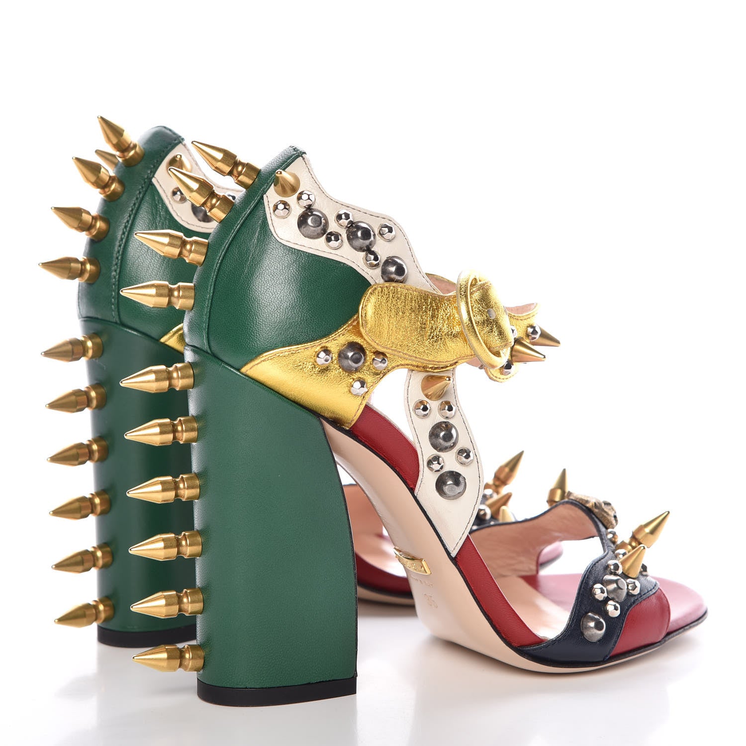Gucci Metallic Malaga Kid Malin Embellished Studded Sandals 35 Hibiscus Red Blue Gold 4 of 8