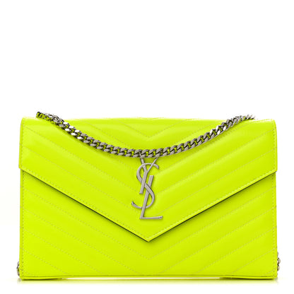 Saint Laurent Patent Grain De Poudre Matelasse Chevron Monogram Chain Wallet Neon Yellow 1 of 10
