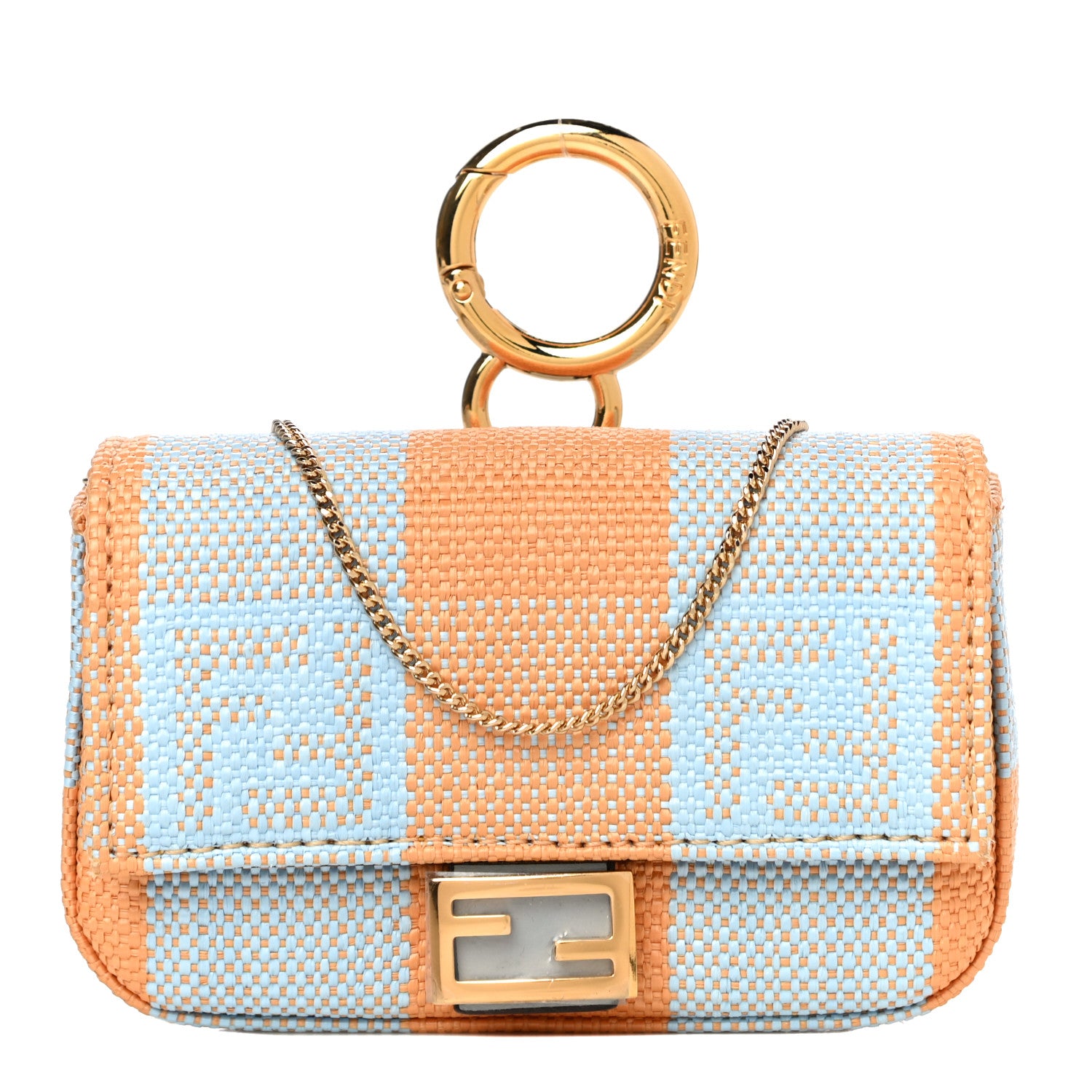Fendi Raffia Pequin Gingham Woven Nano Baguette Charm Giallo Celeste 1 of 9