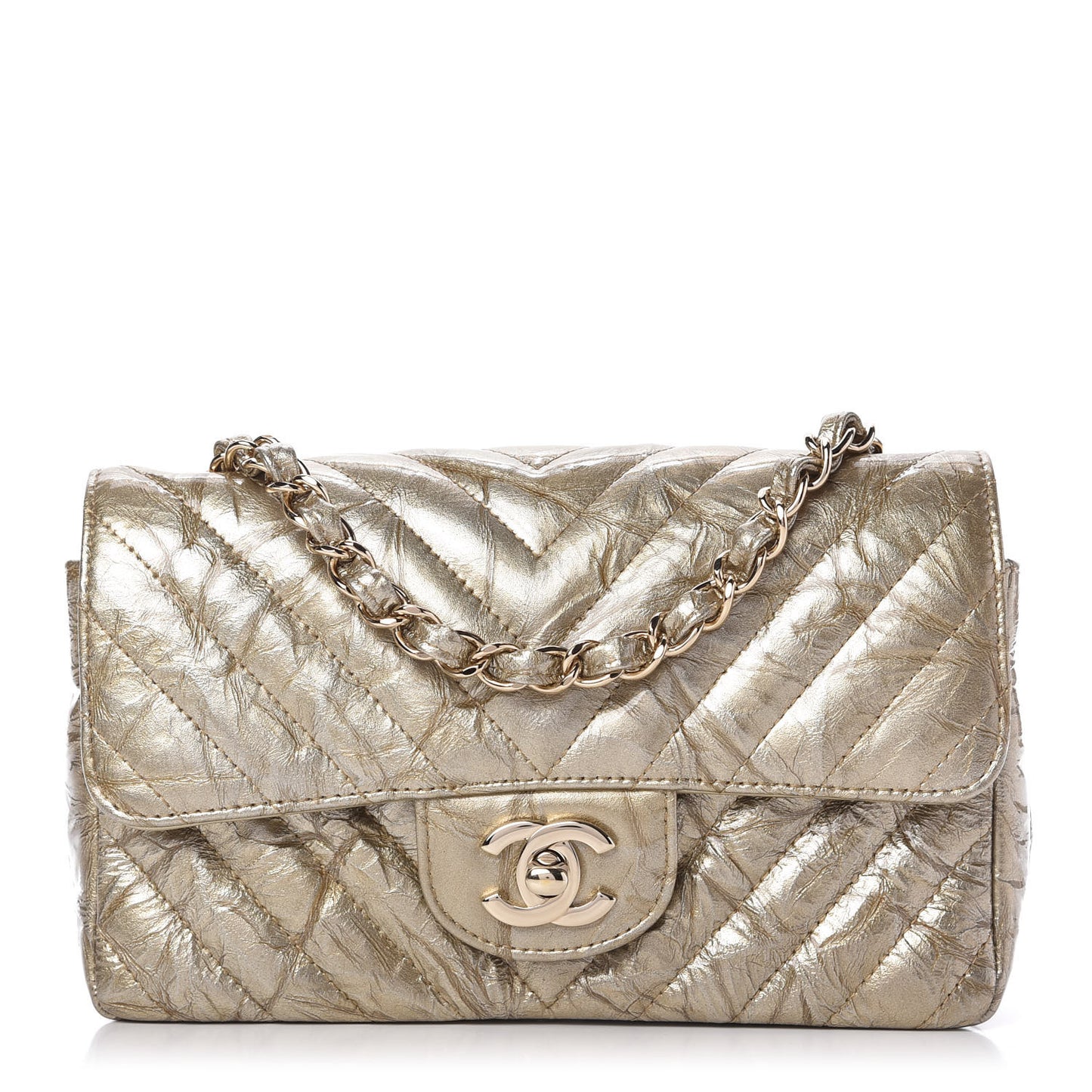Patent Metallic Crumpled Calfskin Chevron Quilted Mini Rectangular Flap Gold