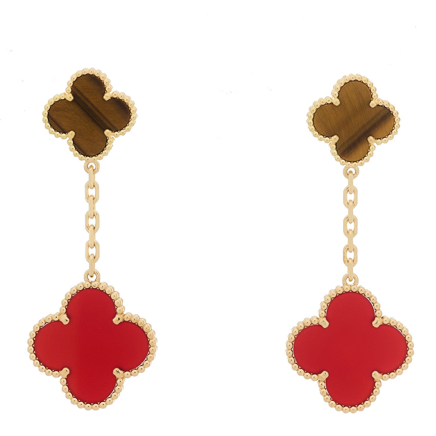 Van Cleef & Arpels 18K Yellow Gold Tiger Eye Carnelian 2 Motifs Magic Alhambra Earrings 1 of 5