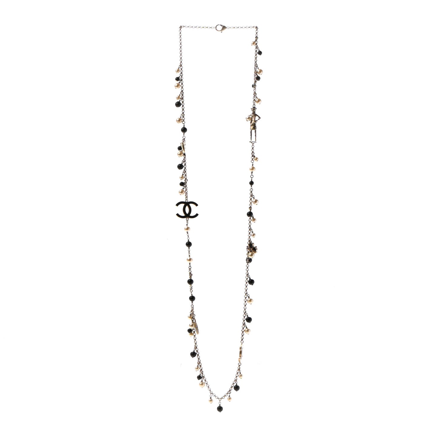 Pearl Beaded Enamel CC Coco Long Necklace Black Gold