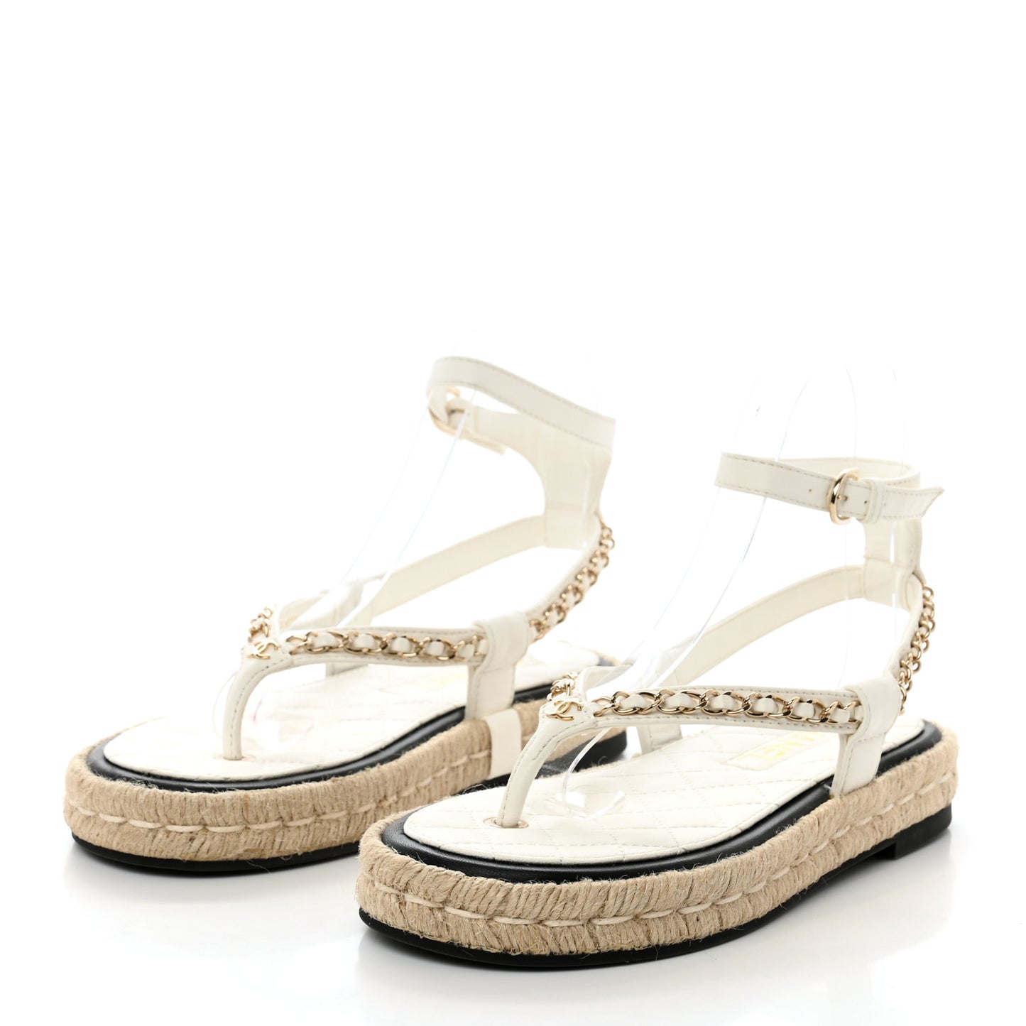Lambskin Chain CC Thong Espadrille Sandals 35 White