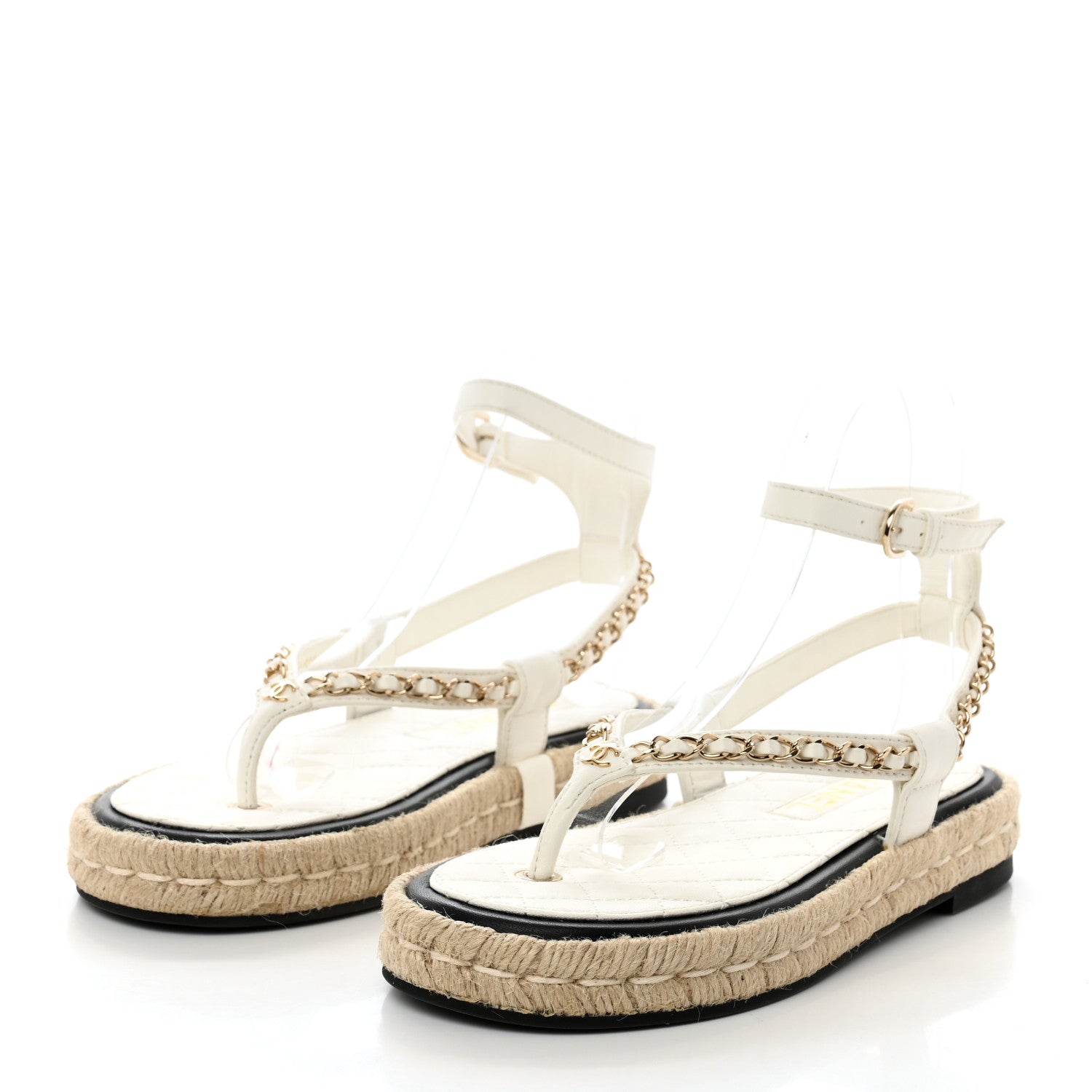 Chanel Lambskin Chain CC Thong Espadrille Sandals 35 White 3 of 9