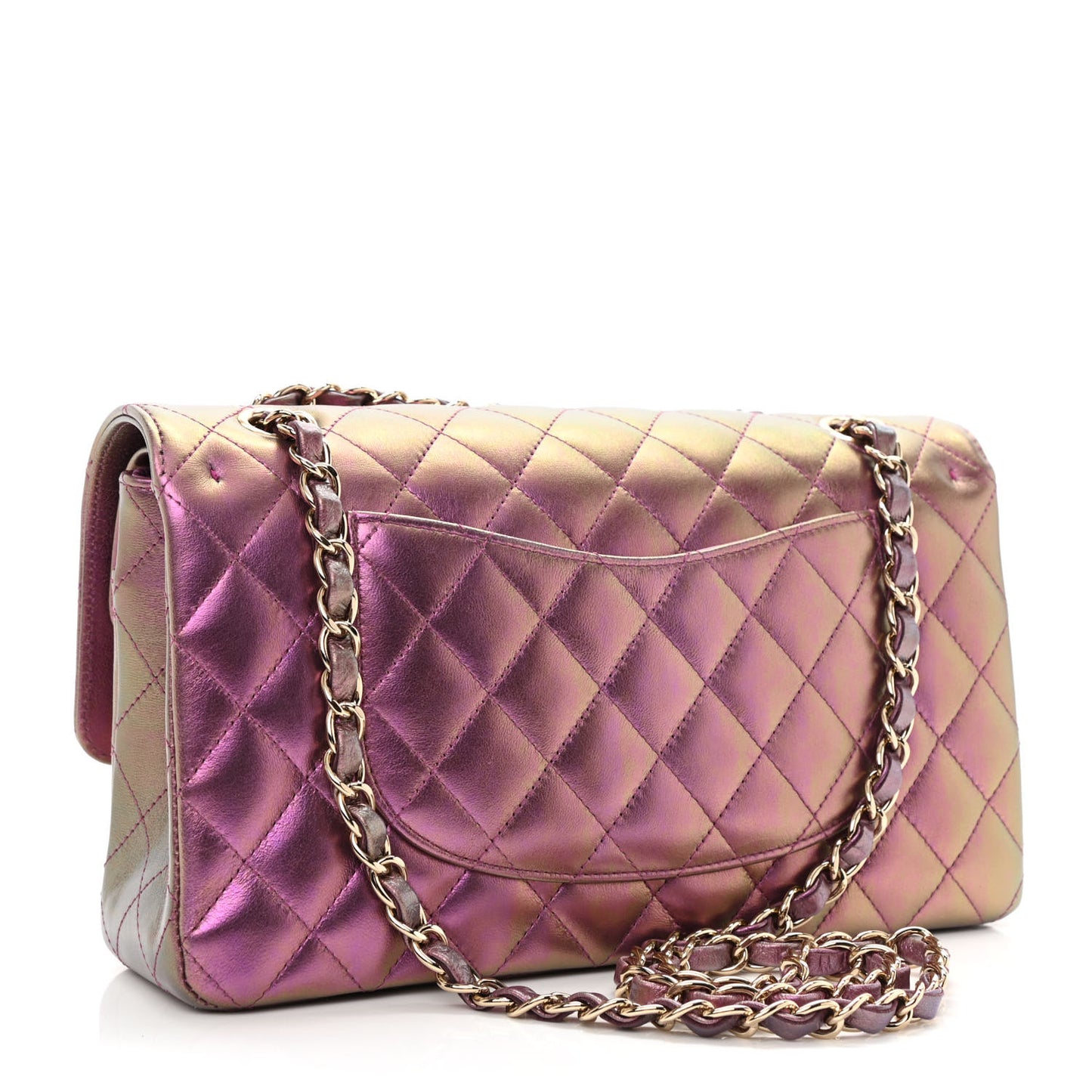 Iridescent Lambskin Quilted Medium Double Flap Purple