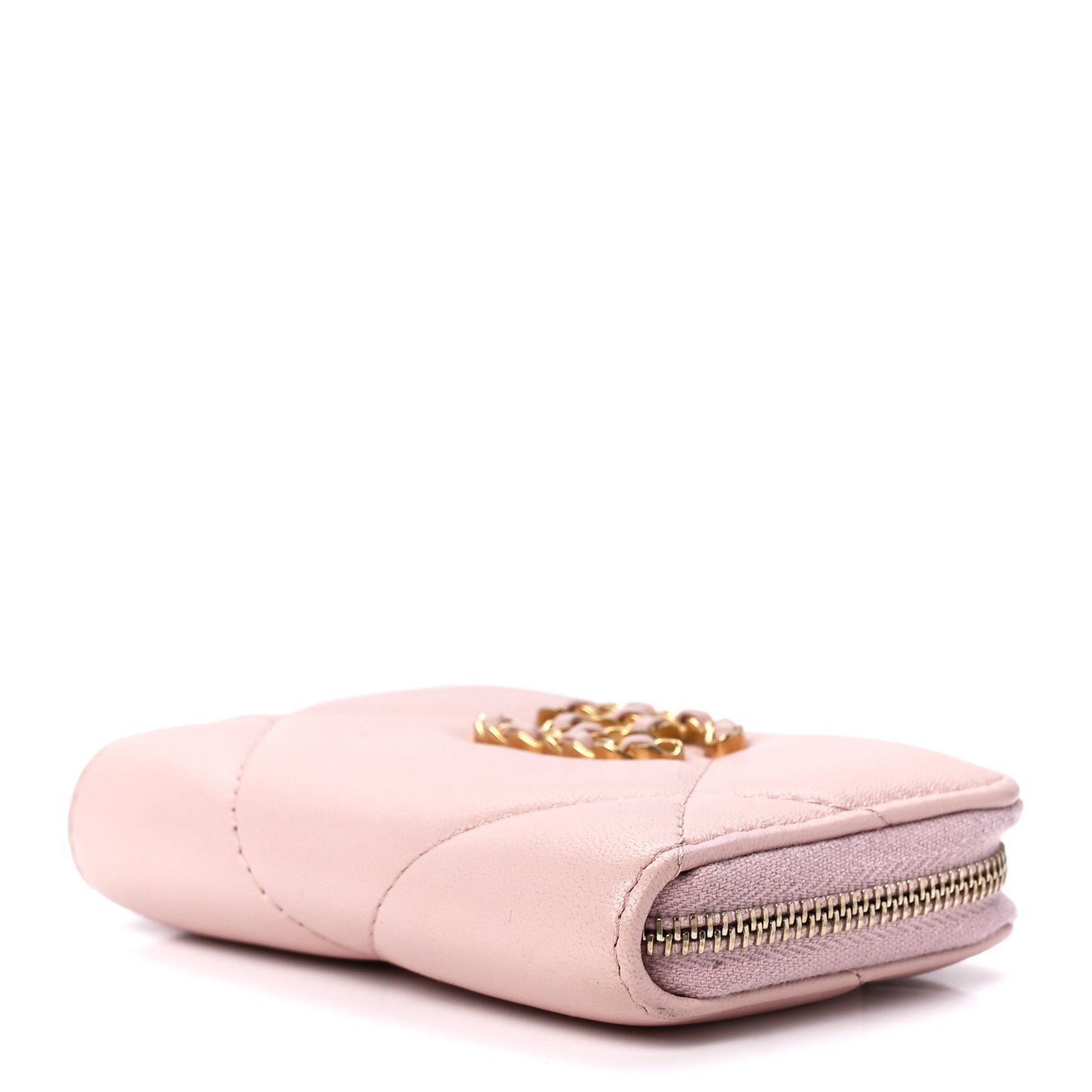 Lambskin Quilted 19 Zip Around Coin Purse Wallet Light Pink