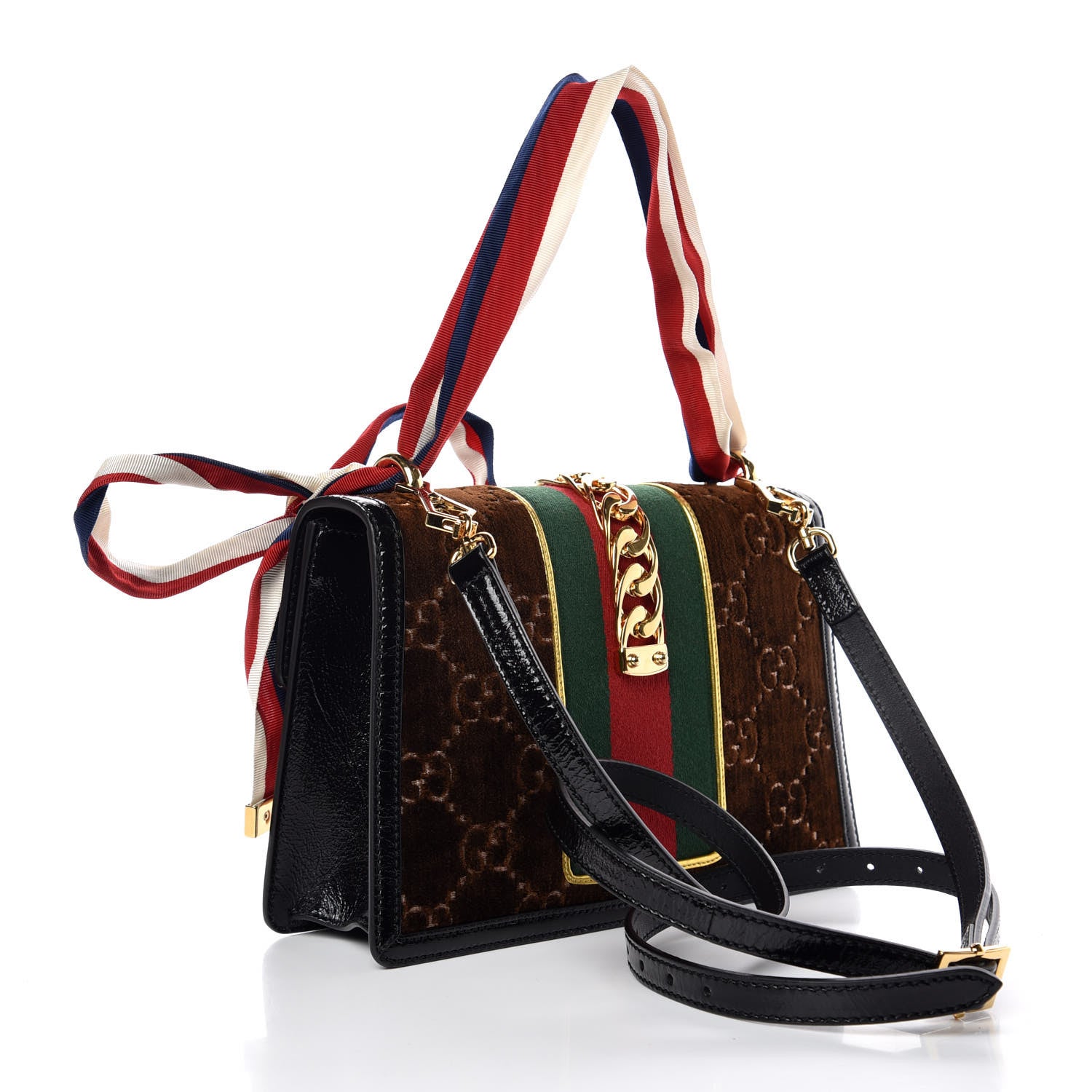 Gucci Velvet GG Monogram Web Small Sylvie Shoulder Bag Brown Black Oro Vecchio 6 of 10