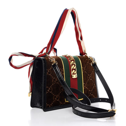 Gucci Velvet GG Monogram Web Small Sylvie Shoulder Bag Brown Black Oro Vecchio 6 of 10