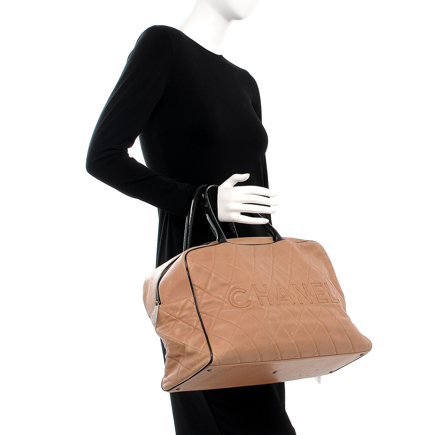 Chanel Caviar Patent Quilted Large Bowler Bag Beige Black 2 of 27