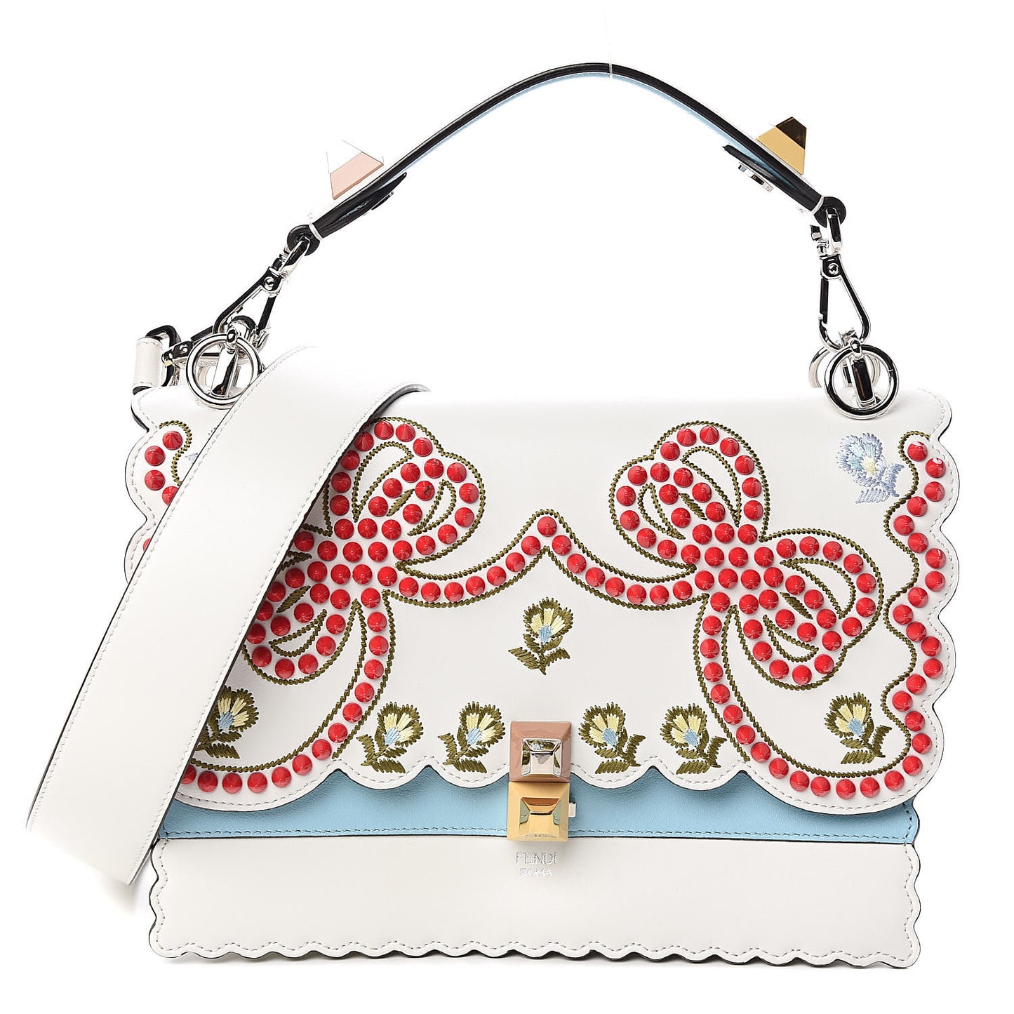Vitello Liberty Scalloped Studded Flowers and Bows Kan I Shoulder Bag White Multicolor