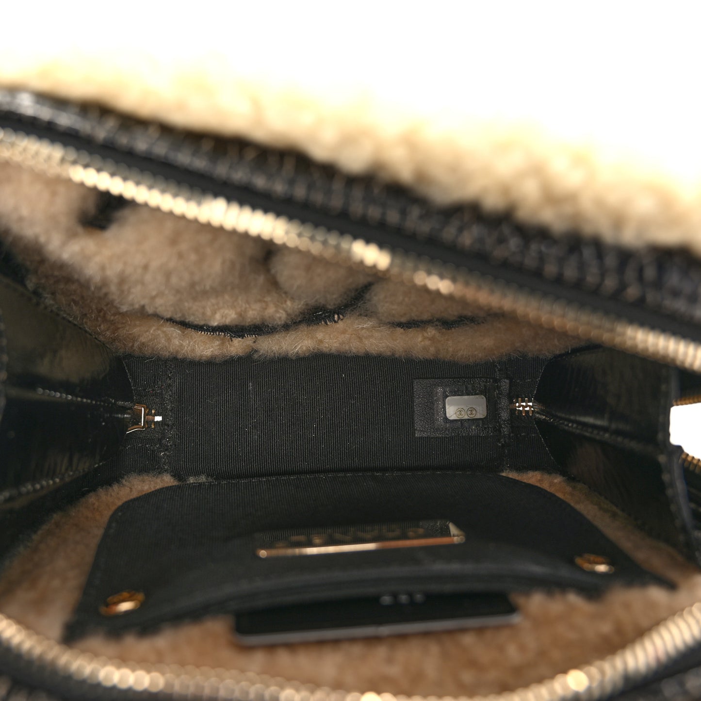 Shiny Crumpled Sheepskin Shearling Waist Bag Black Beige