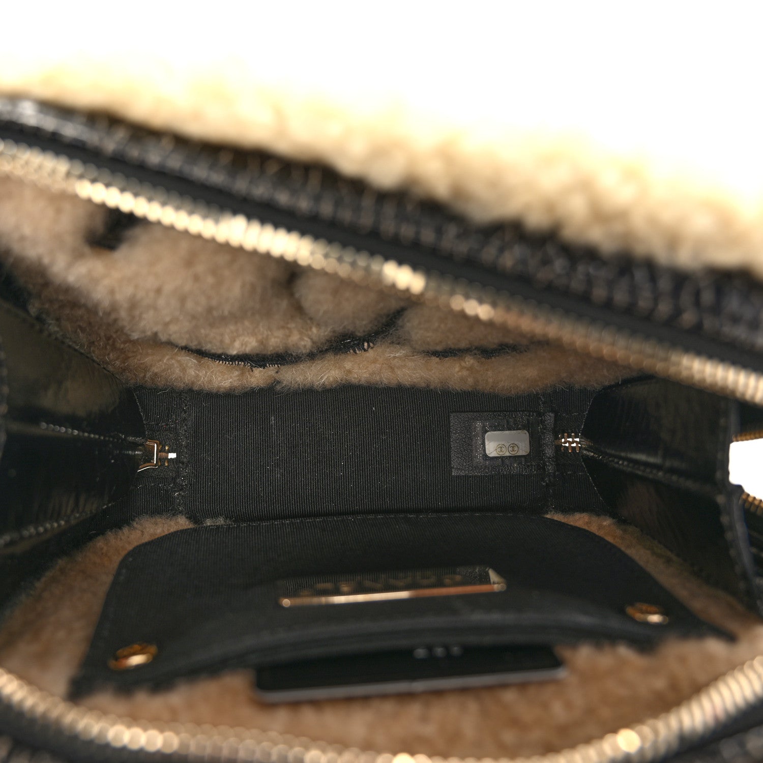 Chanel Shiny Crumpled Sheepskin Shearling Waist Bag Black Beige 5 of 10