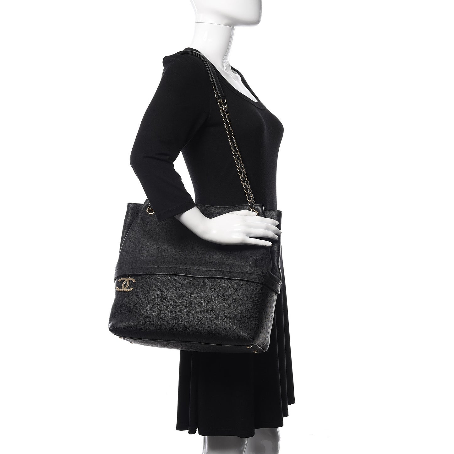 Crumpled Grained Calfskin Zip and Carry Shopping Tote Black
