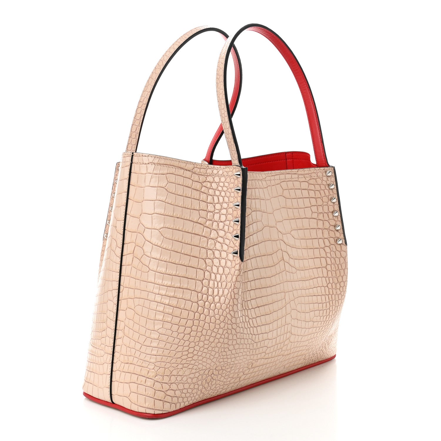 Christian Louboutin Crocodile Embossed Calfskin Spiked Small Cabarock Shopper Tote Leche 3 of 10