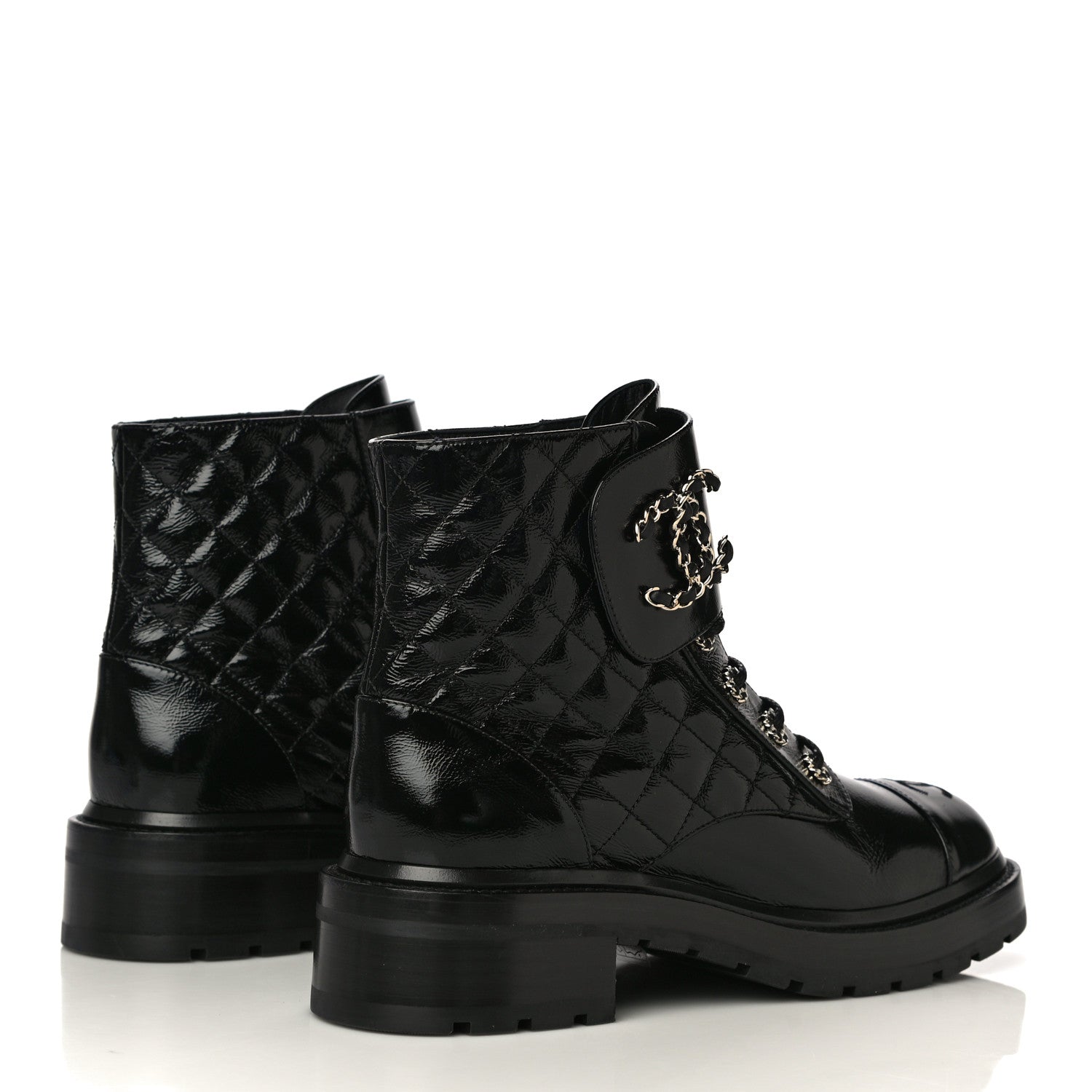 Chanel Shiny Calfskin Quilted Lace Up Combat Boots 39.5 Black 4 of 10