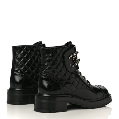 Chanel Shiny Calfskin Quilted Lace Up Combat Boots 39.5 Black 4 of 10