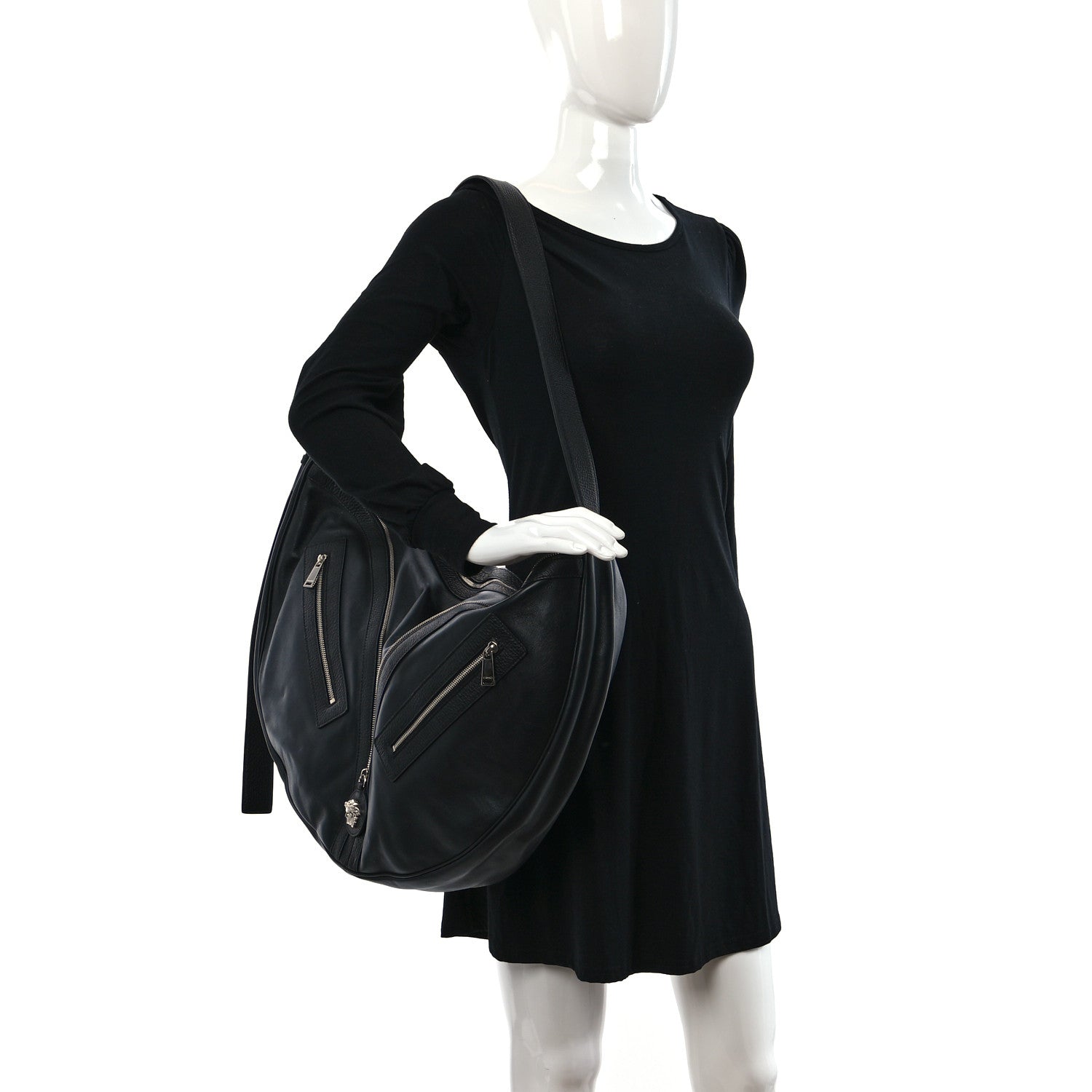 Versace Calfskin Large Repeat Zip Hobo Black 2 of 8