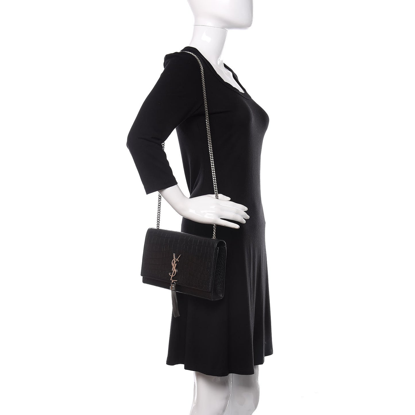 Calfskin Crocodile Embossed Medium Classic Monogram Kate Tassel Satchel Black
