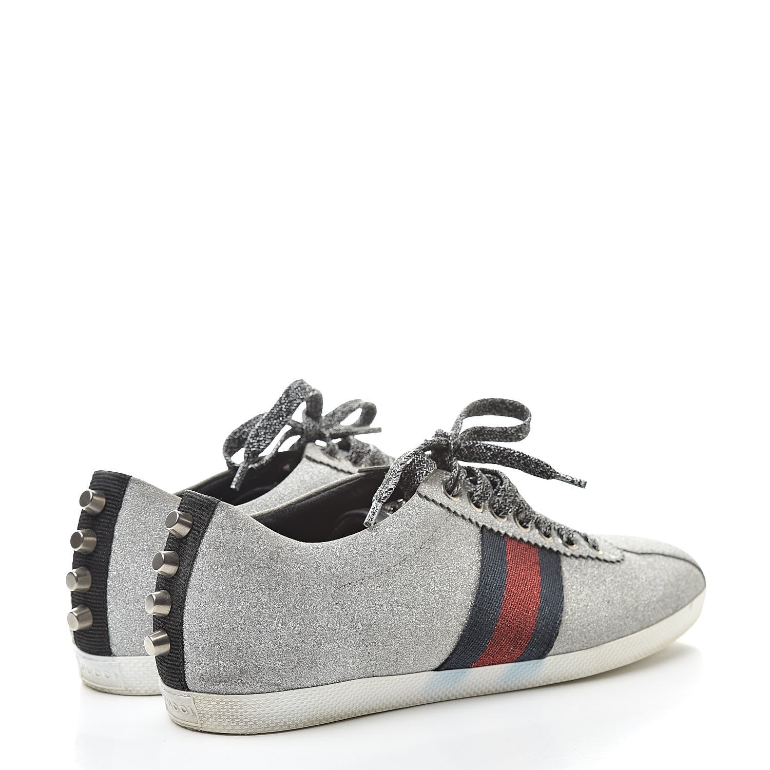 Gucci Glitter Fabric Studded Web Sneakers 38 Silver 4 of 17