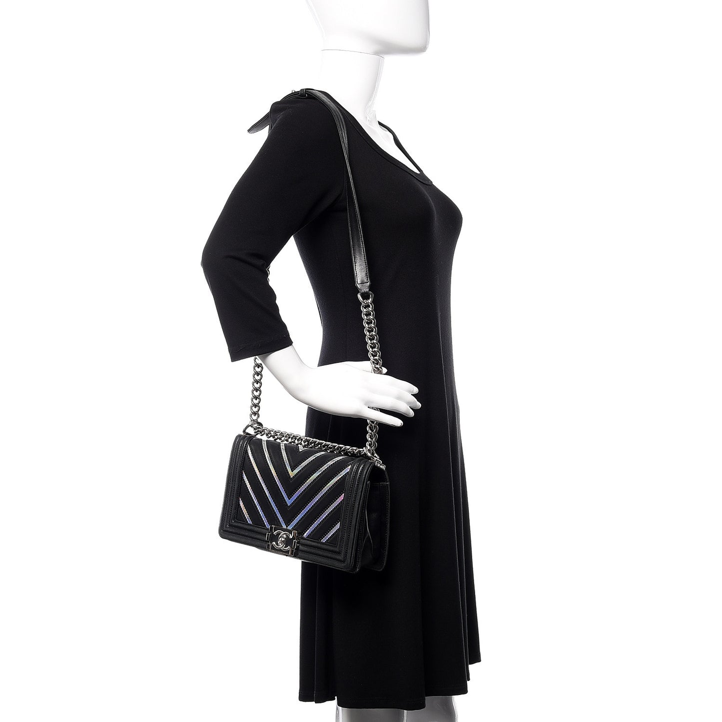 Lambskin Iridescent PVC Chevron Quilted Medium Boy Flap Black Silver