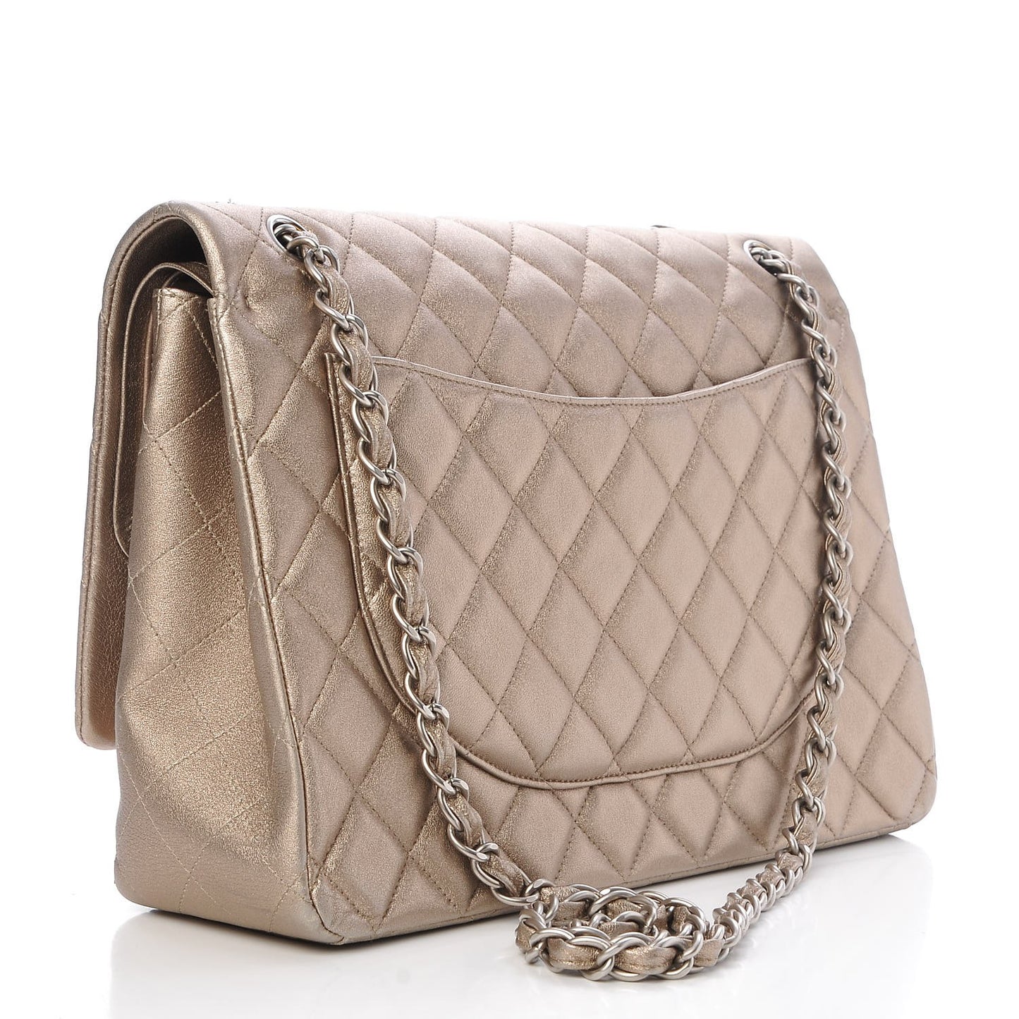 Metallic Lambskin Quilted Maxi Double Flap Light Gold