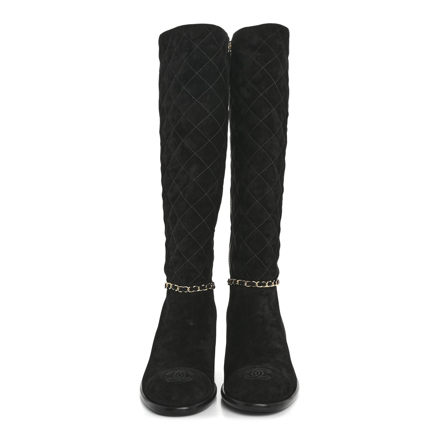 Suede Calfskin Quilted Chain Knee High Boots 39 Black