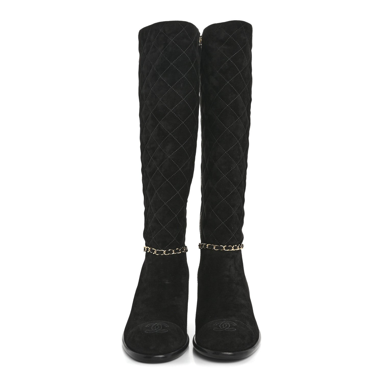 Chanel Suede Calfskin Quilted Chain Knee High Boots 39 Black 2 of 9