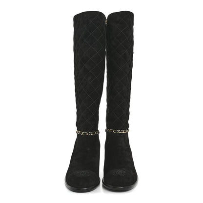 Chanel Suede Calfskin Quilted Chain Knee High Boots 39 Black 2 of 9