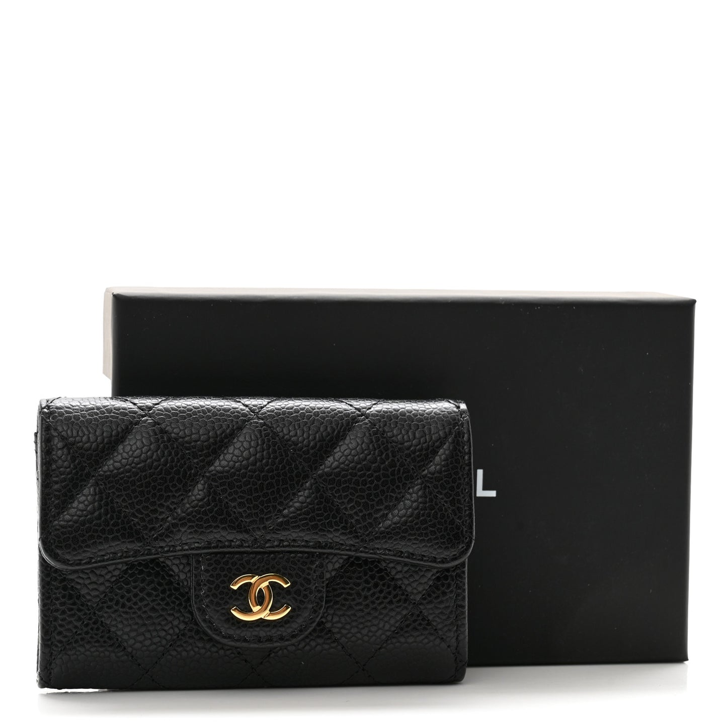 Caviar Quilted Flap Card Holder Wallet Black