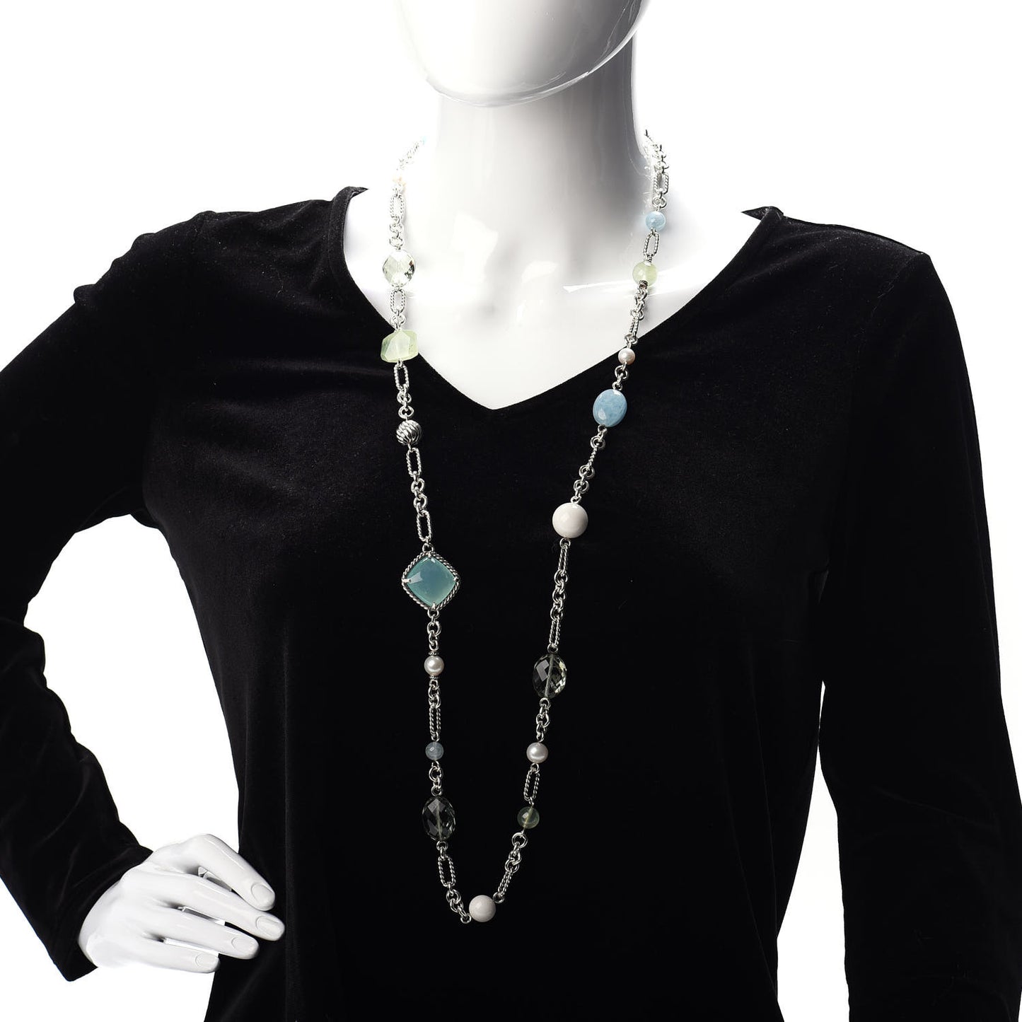 Sterling Silver Agate Pearl Green Tourmaline Chalcedony Prasiolite Figaro Necklace