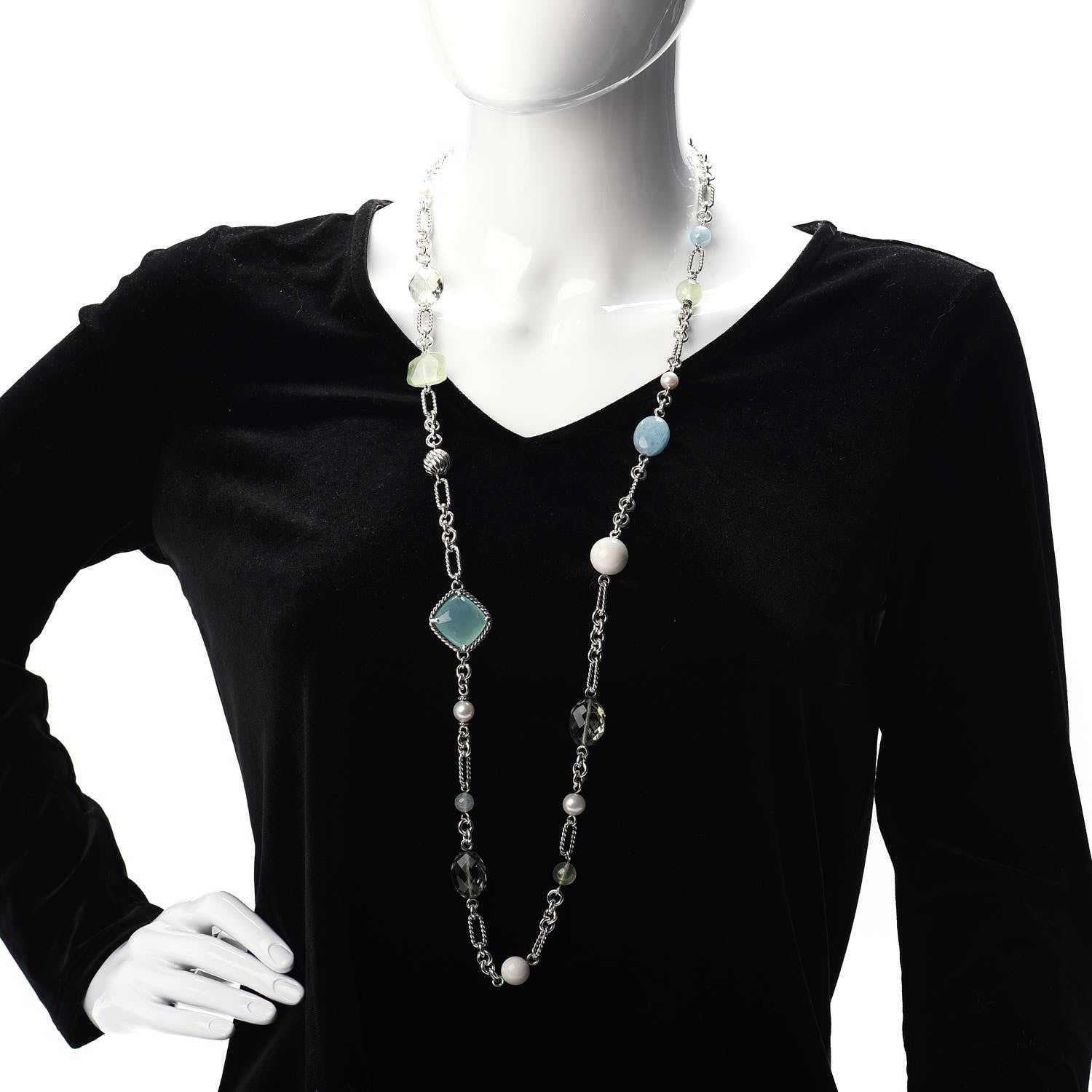 David Yurman Sterling Silver Agate Pearl Green Tourmaline Chalcedony Prasiolite Figaro Necklace 2 of 4