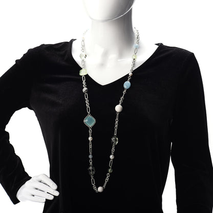 David Yurman Sterling Silver Agate Pearl Green Tourmaline Chalcedony Prasiolite Figaro Necklace 2 of 4