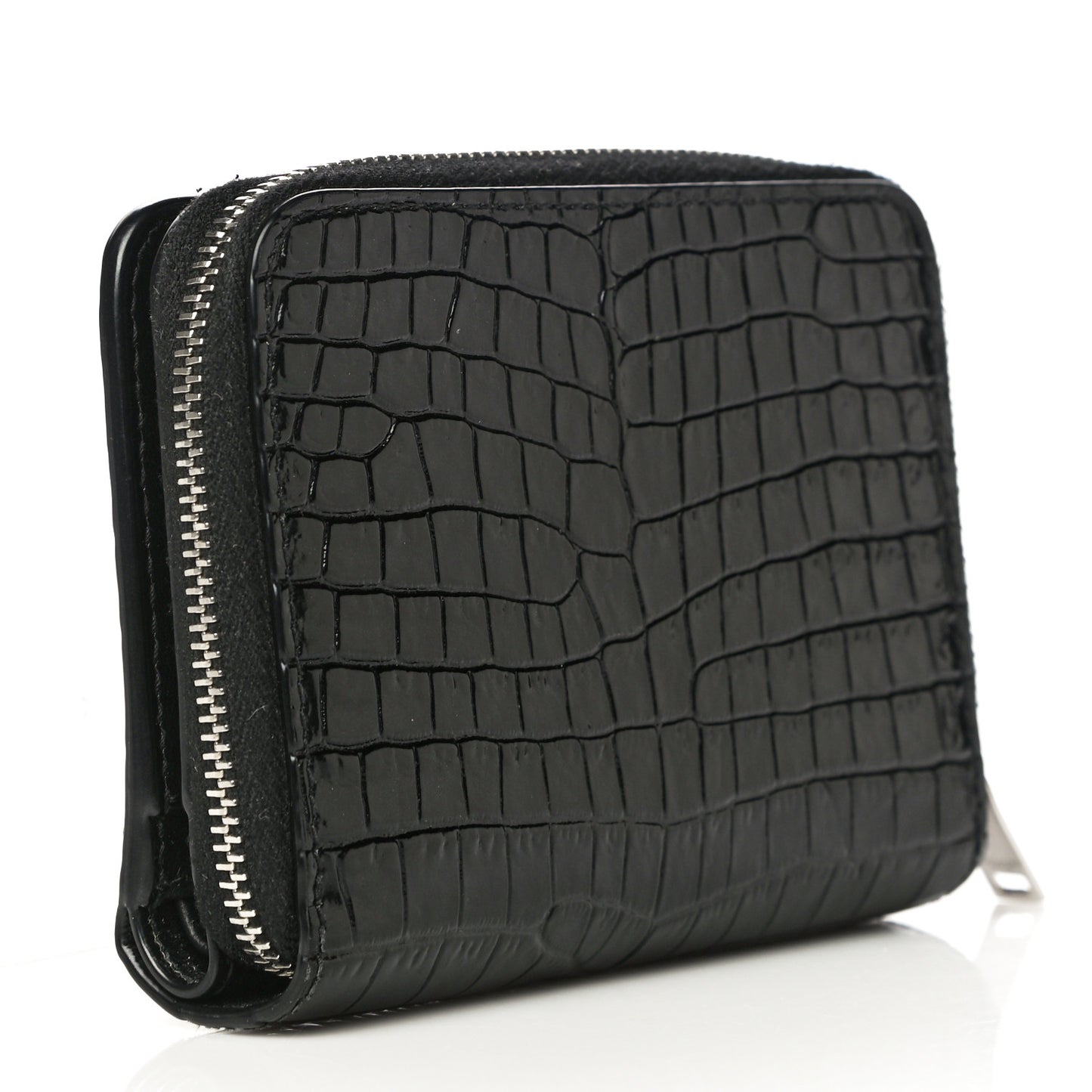 Calfskin Crocodile Embossed Monogram Compact Wallet Black