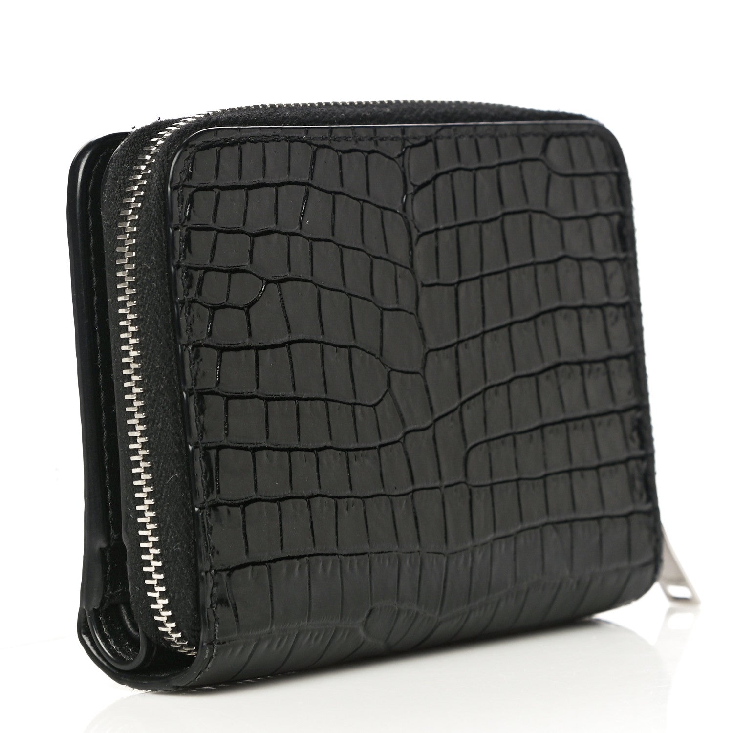 Saint Laurent Calfskin Crocodile Embossed Monogram Compact Wallet Black 3 of 13
