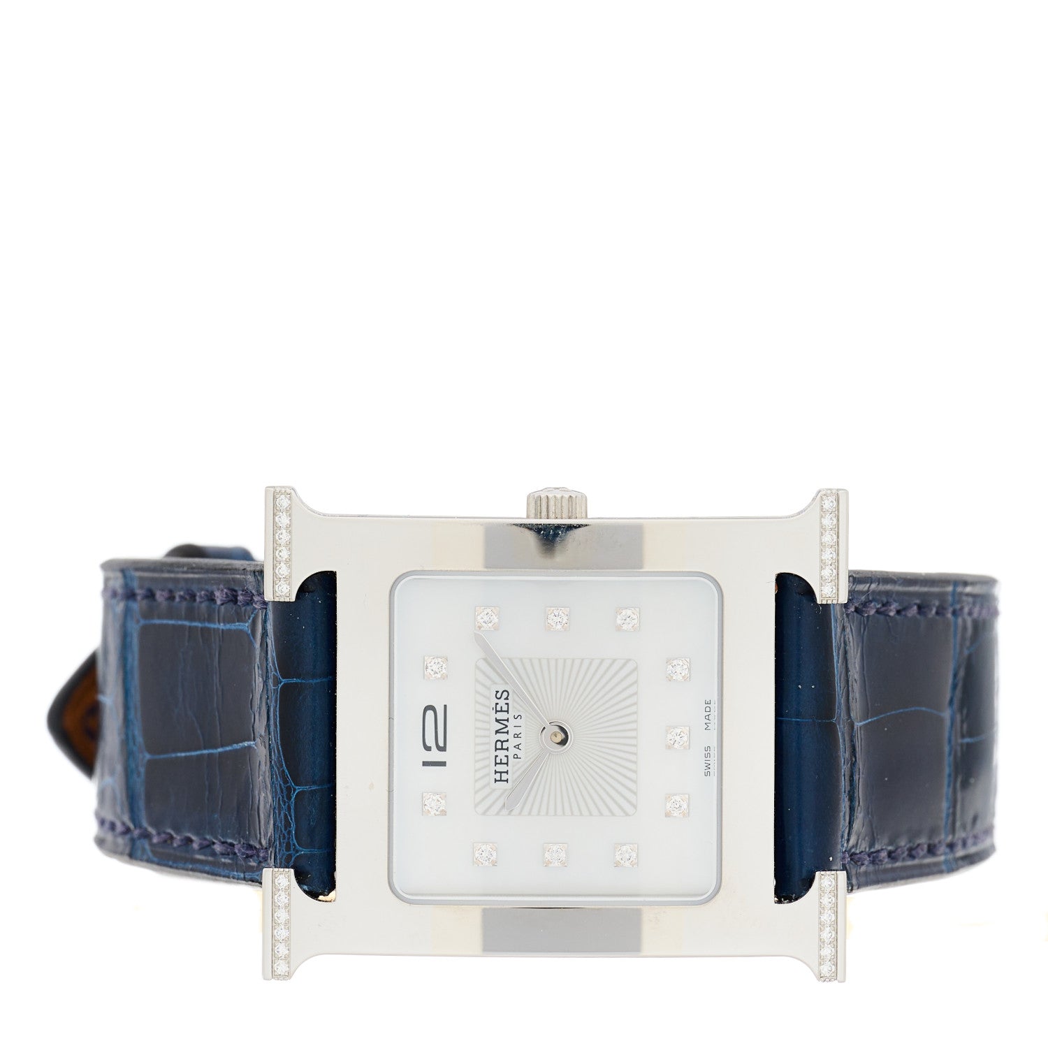 Hermes Stainless Steel Alligator Diamond Mother of Pearl 26mm Heure H Hour Quartz Watch Bleu Saphir 2 of 7
