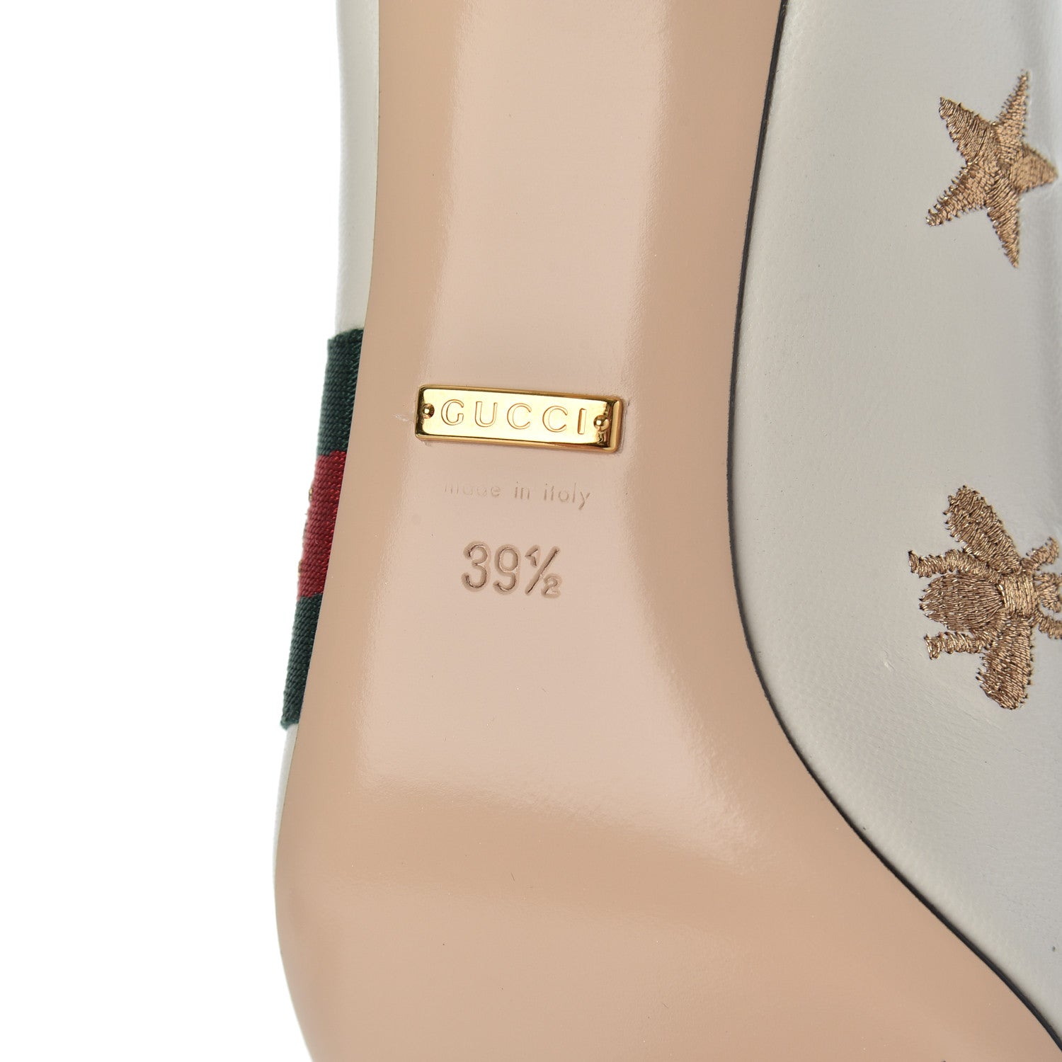 Gucci Malaga Kid Web Bee Star Embroidered Sylvie Mid Heel Slingback Pumps 39.5 White 7 of 9