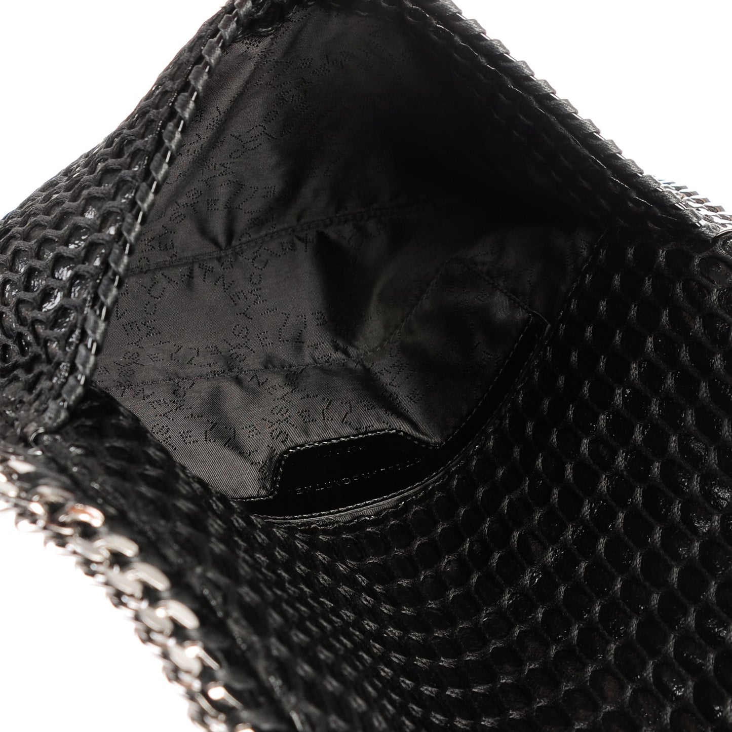 Patent Net Fold Over Falabella Clutch Black