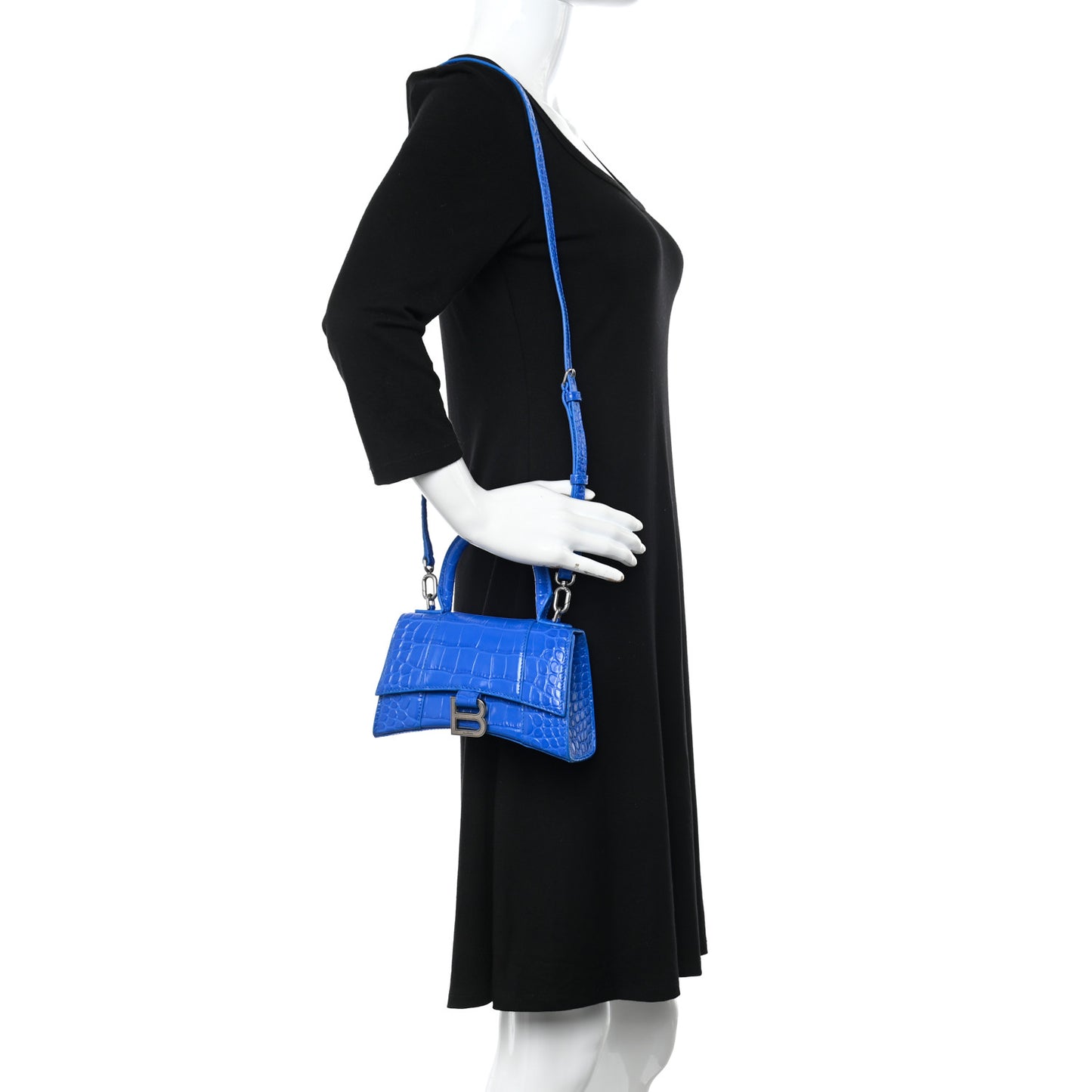 Shiny Calfskin Crocodile Embossed Hourglass Top Handle Bag XS Royal Blue