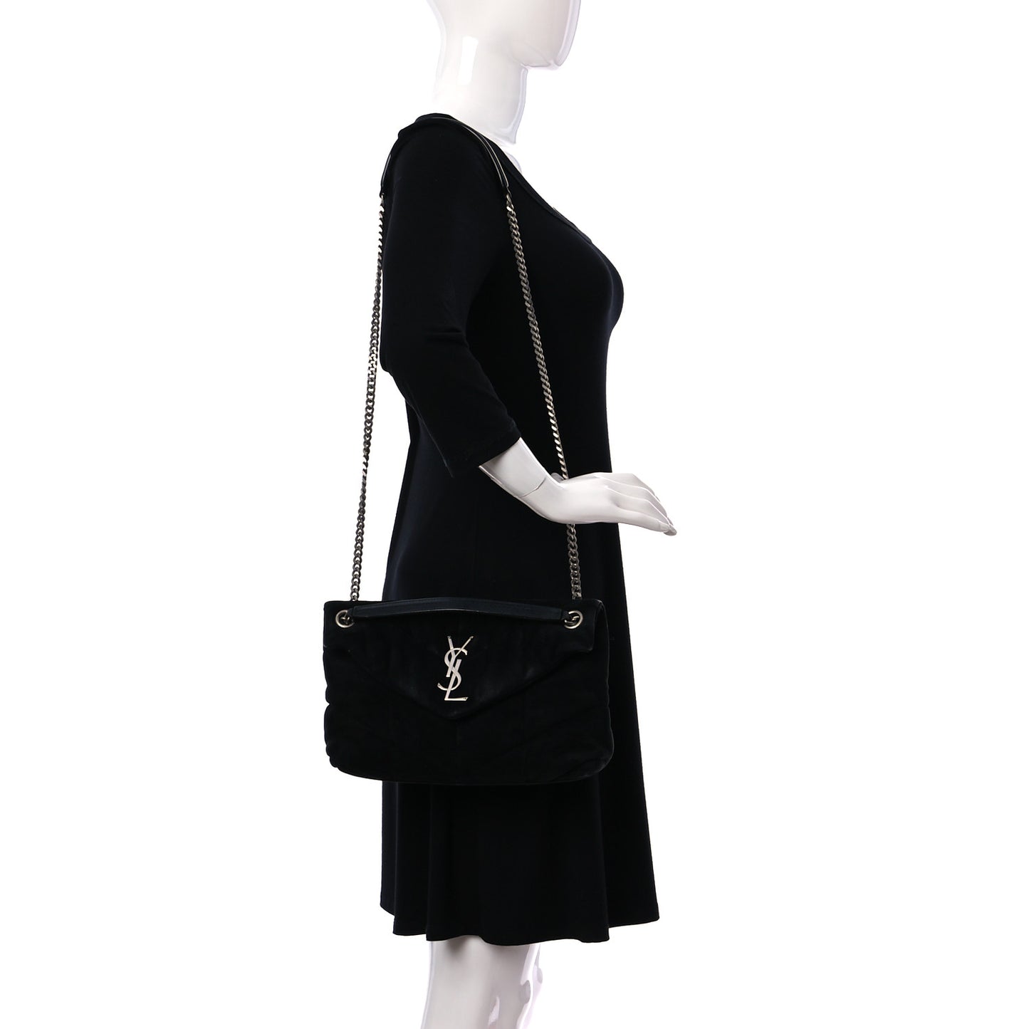 Suede Calfskin Quilted Small Loulou Puffer Monogram Chain Satchel Black