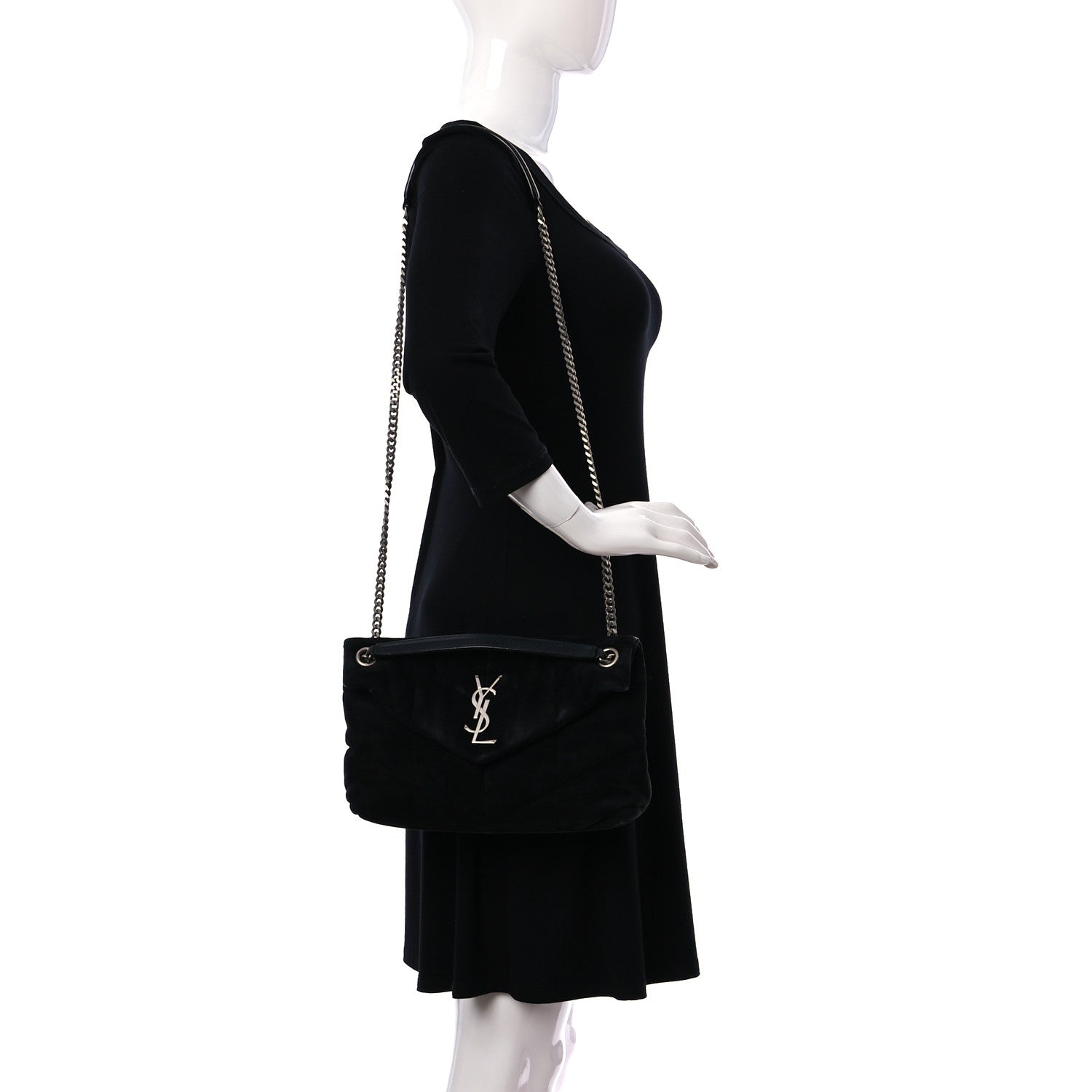 Saint Laurent Suede Calfskin Quilted Small Loulou Puffer Monogram Chain Satchel Black 2 of 12