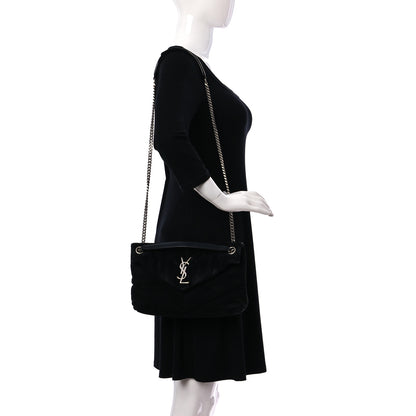 Saint Laurent Suede Calfskin Quilted Small Loulou Puffer Monogram Chain Satchel Black 2 of 12