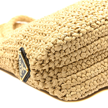 Prada Yarn Raffia Effect Crochet Embroidered Small Logo Tote Naturale 8 of 9