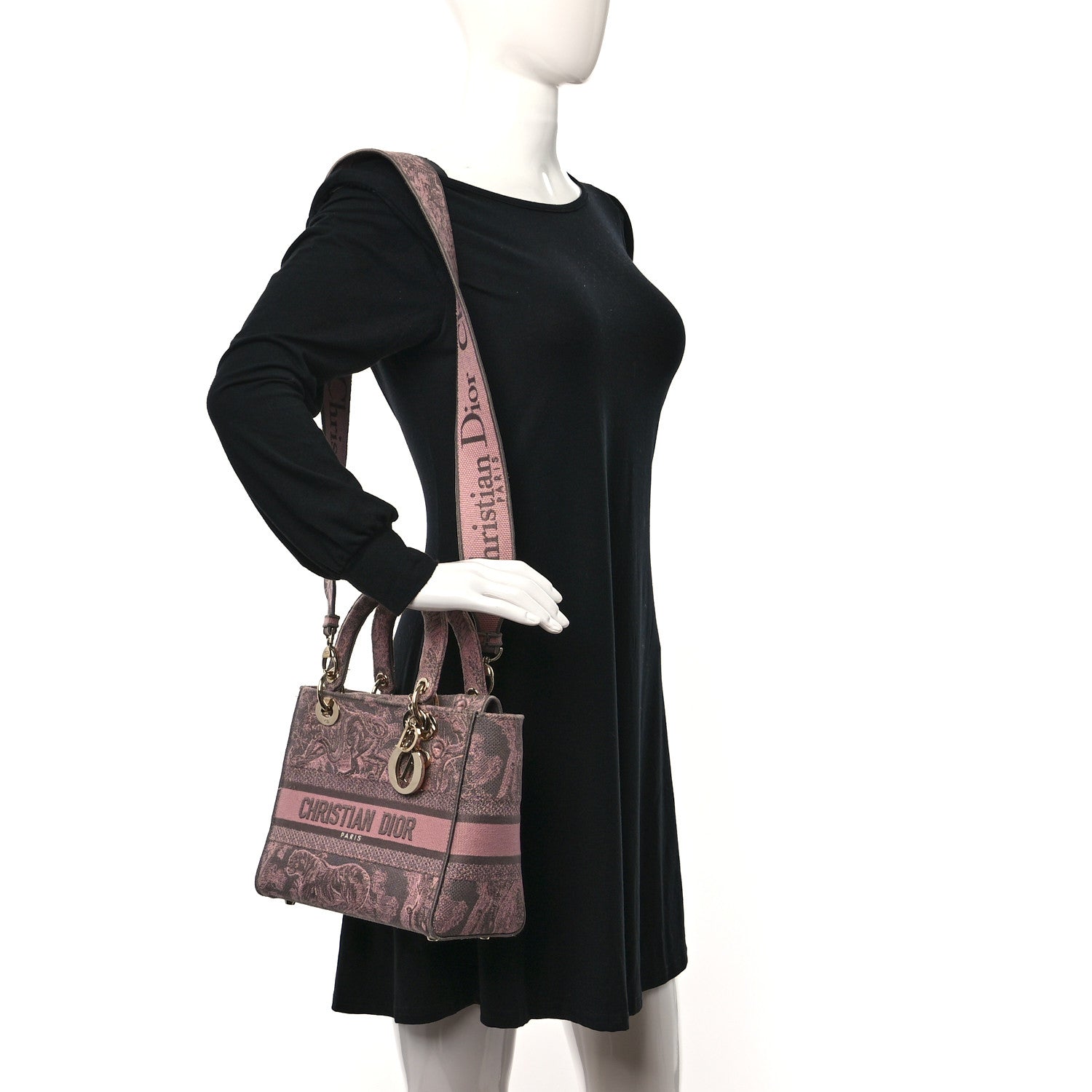 Christian Dior Canvas Toile De Jouy Reverse Embroidered Medium Lady D-Lite Gray Pink 2 of 10