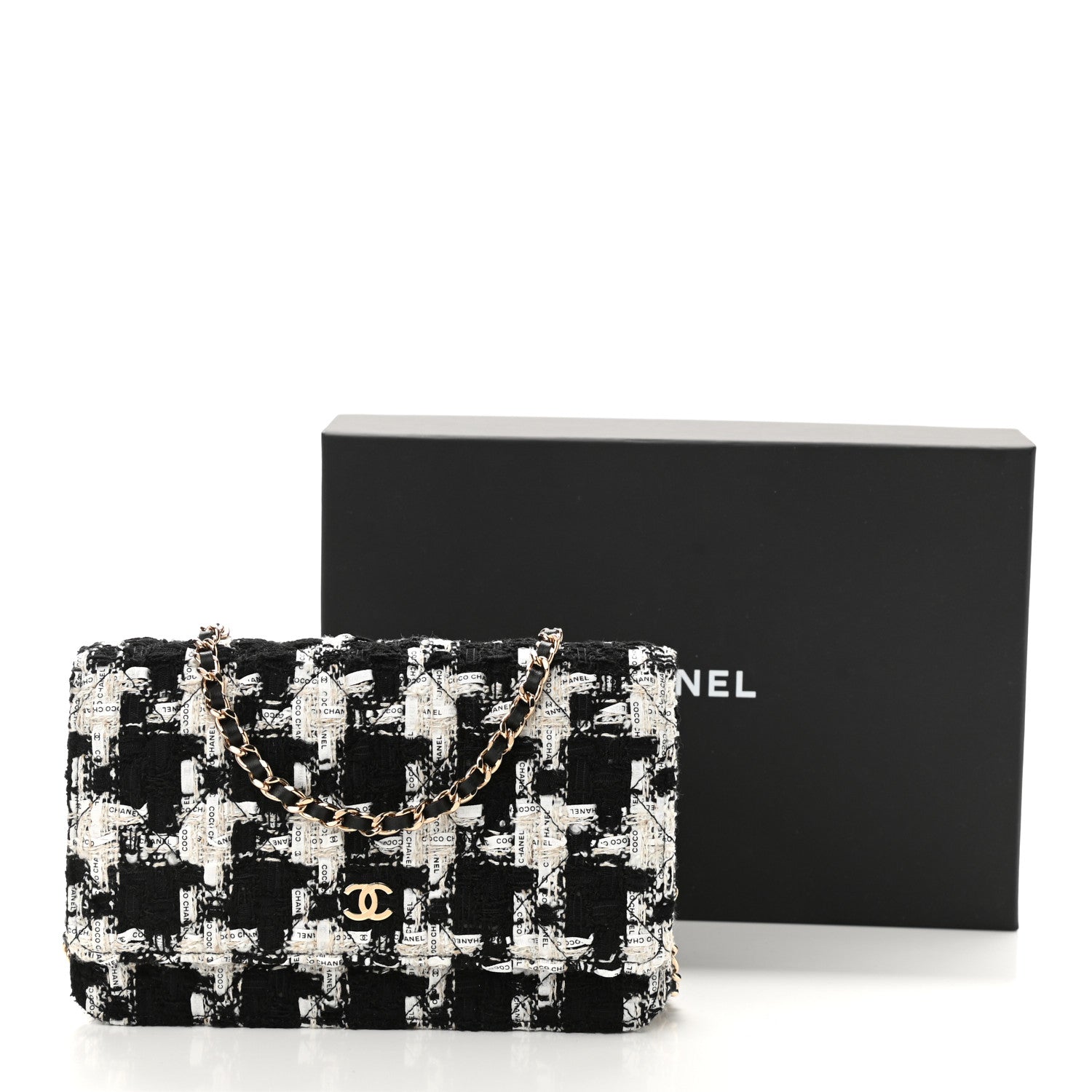 Chanel Tweed Quilted Wallet On Chain WOC Black Ecru White 12 of 12