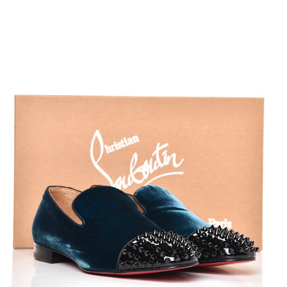 Christian Louboutin Mens Patent Velvet Spooky Spike Flat Loafers 42 Black Peacock 9 of 9